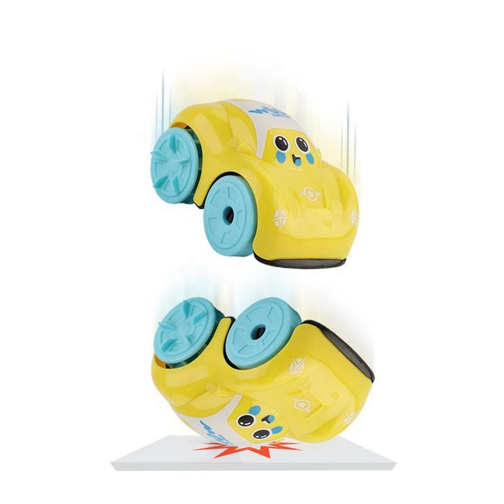 A yellow remote-controlled toy car with blue wheels, shown in two floating positions on a white background with motion lines and a small red starburst graphic.